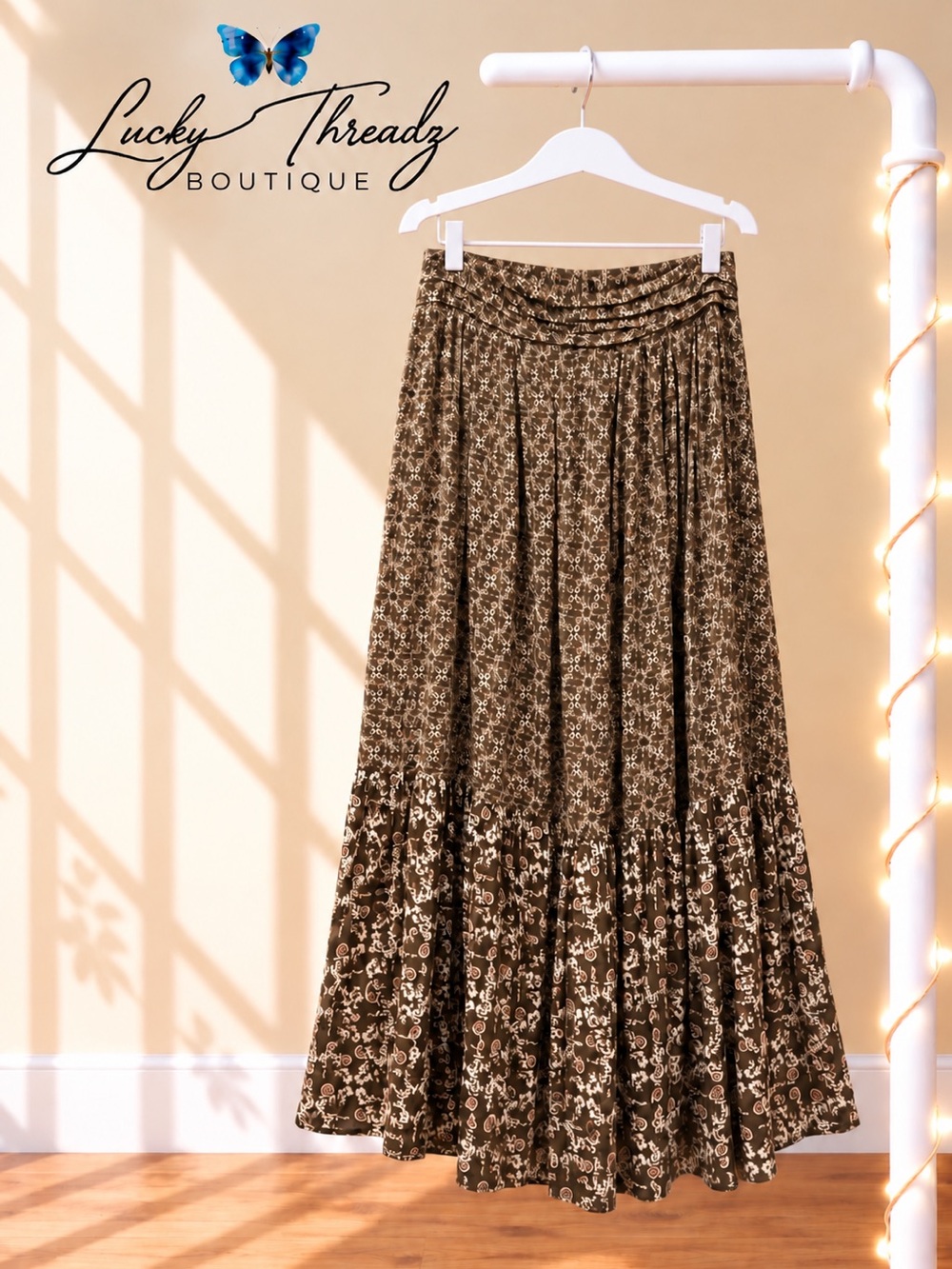 Massimo Dutti Brown Floral Paisley Viscose Wool Blend Tiered Boho Skirt L